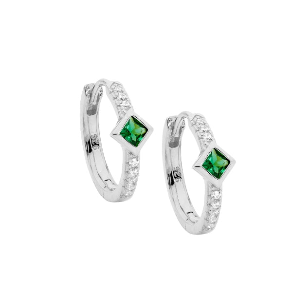 Ellani CZ hoop earrings with bezel set green CZ in sterling silver