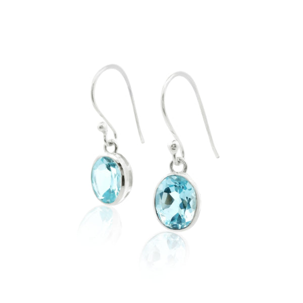 Blue Topaz oval rubover drop earrings in sterling silver