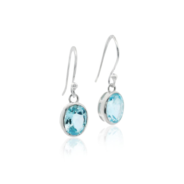 Blue Topaz oval rubover drop earrings in sterling silver