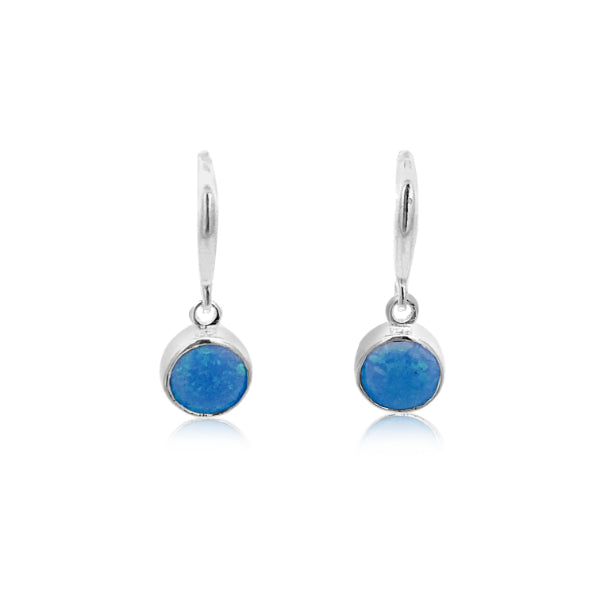 Synthetic blue opal round drop earrings in sterling silver