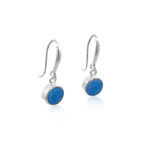 Synthetic blue opal round drop earrings in sterling silver