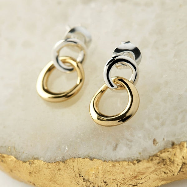 Najo - Tranquila double circle drop stud earrings in gold plated sterling silver