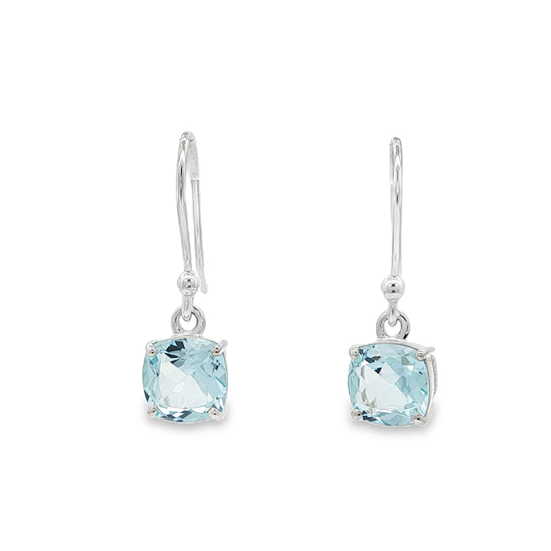 Cushion cut blue topaz drop earrings on silver hooks