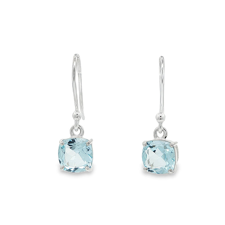 Cushion cut blue topaz drop earrings on silver hooks