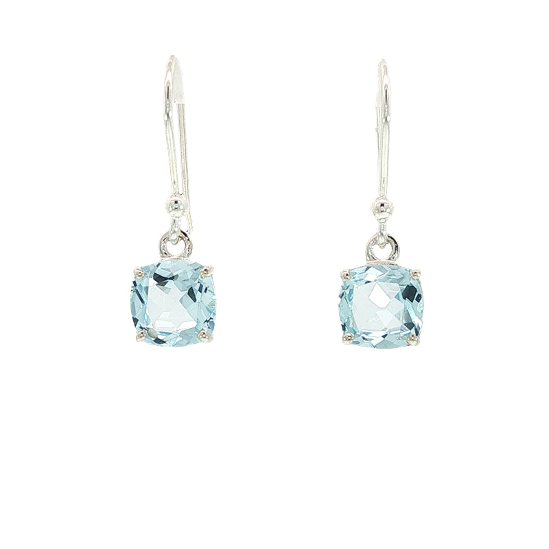 Cushion cut blue topaz drop earrings on silver hooks