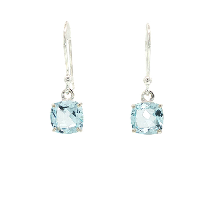 Cushion cut blue topaz drop earrings on silver hooks