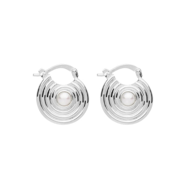 Najo - Siren's song spiral disc hoop earrings with fresh water pearl centre in sterling silver