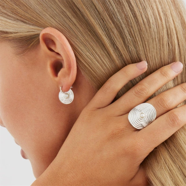 Najo - Siren's song spiral disc hoop earrings with fresh water pearl centre in sterling silver