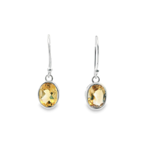Oval Citrine rubover hook earrings in sterling silver