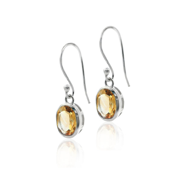 Oval Citrine rubover hook earrings in sterling silver