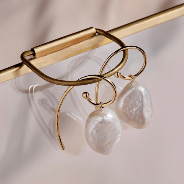 Najo - Seabell baroque pearl earrings on gold plated silver curl hooks