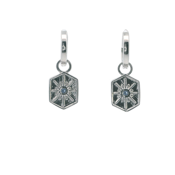 Huggie earring with sapphire set drop in sterling silver