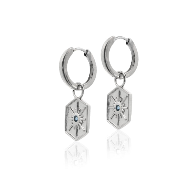Huggie earring with sapphire set drop in sterling silver