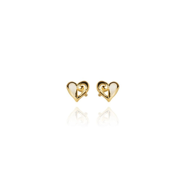 Evolve mini mother of pearl heart studs earrings in gold plated sterling silver