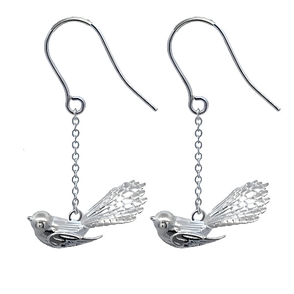 NZ piwakawaka hook earrings in sterling silver