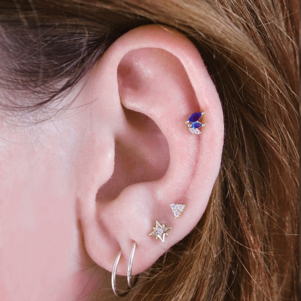 Single triangle helix flat back earring with cubic zirconia in silver