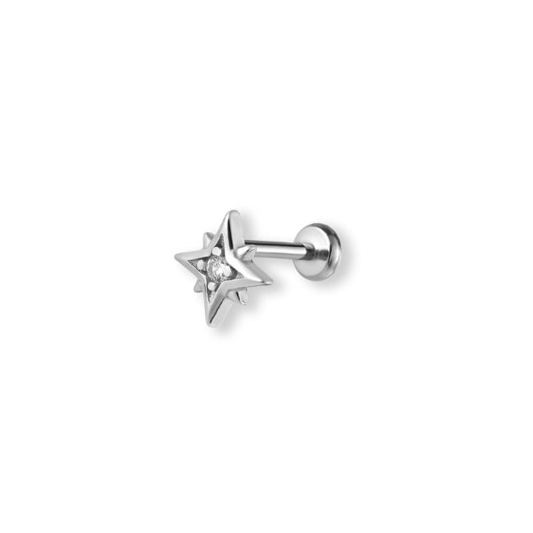 Single star helix flat back earring with cz in silver