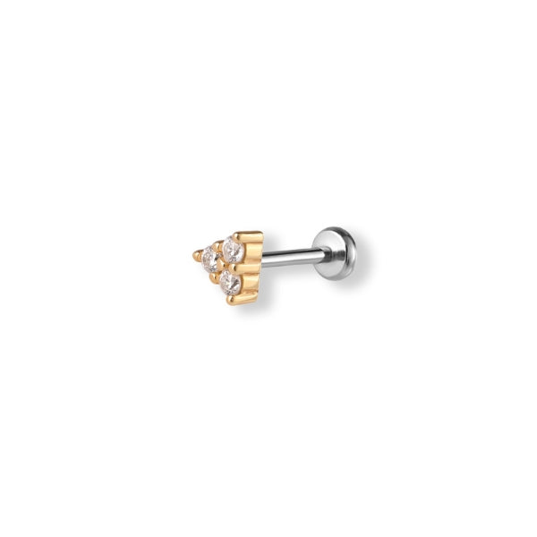 Single triangle helix flatback earring with cubic zirconia in gold plated silver