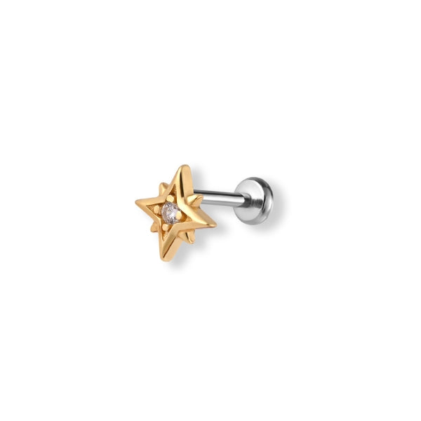 Single star helix flat back earring with cz in gold plated silver and titanium