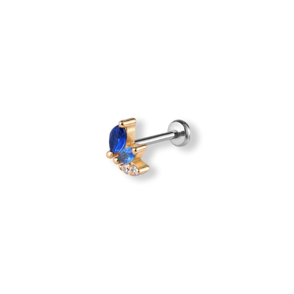 Single helix flat back earring with blue pear shaped cubic zirconia in gold plated silver