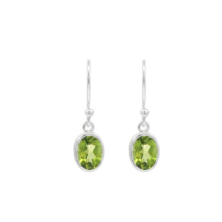 Oval peridot rubover hook earrings in sterling silver