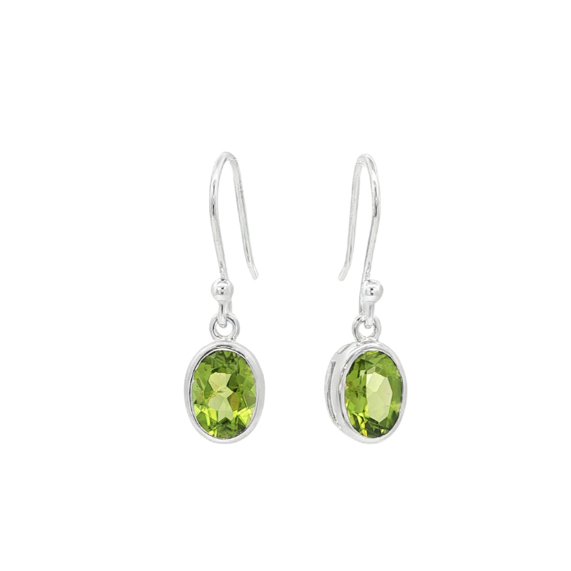 Oval peridot rubover hook earrings in sterling silver