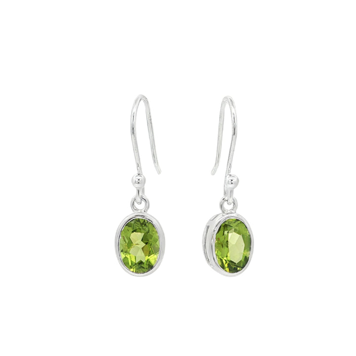 Oval peridot rubover hook earrings in sterling silver