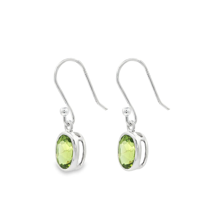 Oval peridot rubover hook earrings in sterling silver