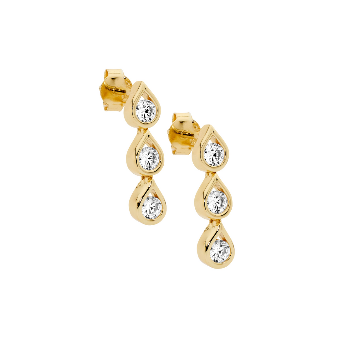 Ellani stud earrings with cz set drops in gold plated sterling silver