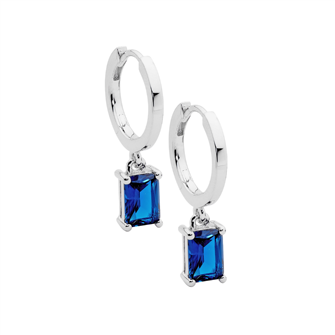Ellani huggie hoop earrings with london blue cz drops in sterling silver
