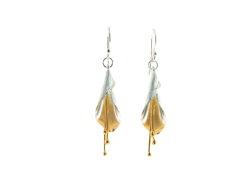 Kowhai drop earrings in sterling silver with gold plated stamens