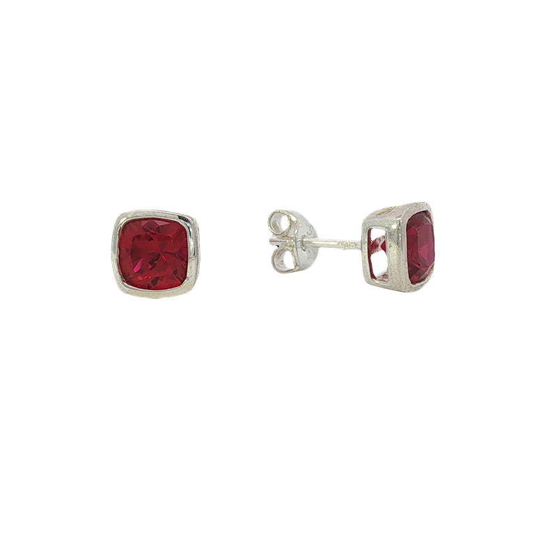 Synthetic ruby rubover stud earrings in sterling rilver