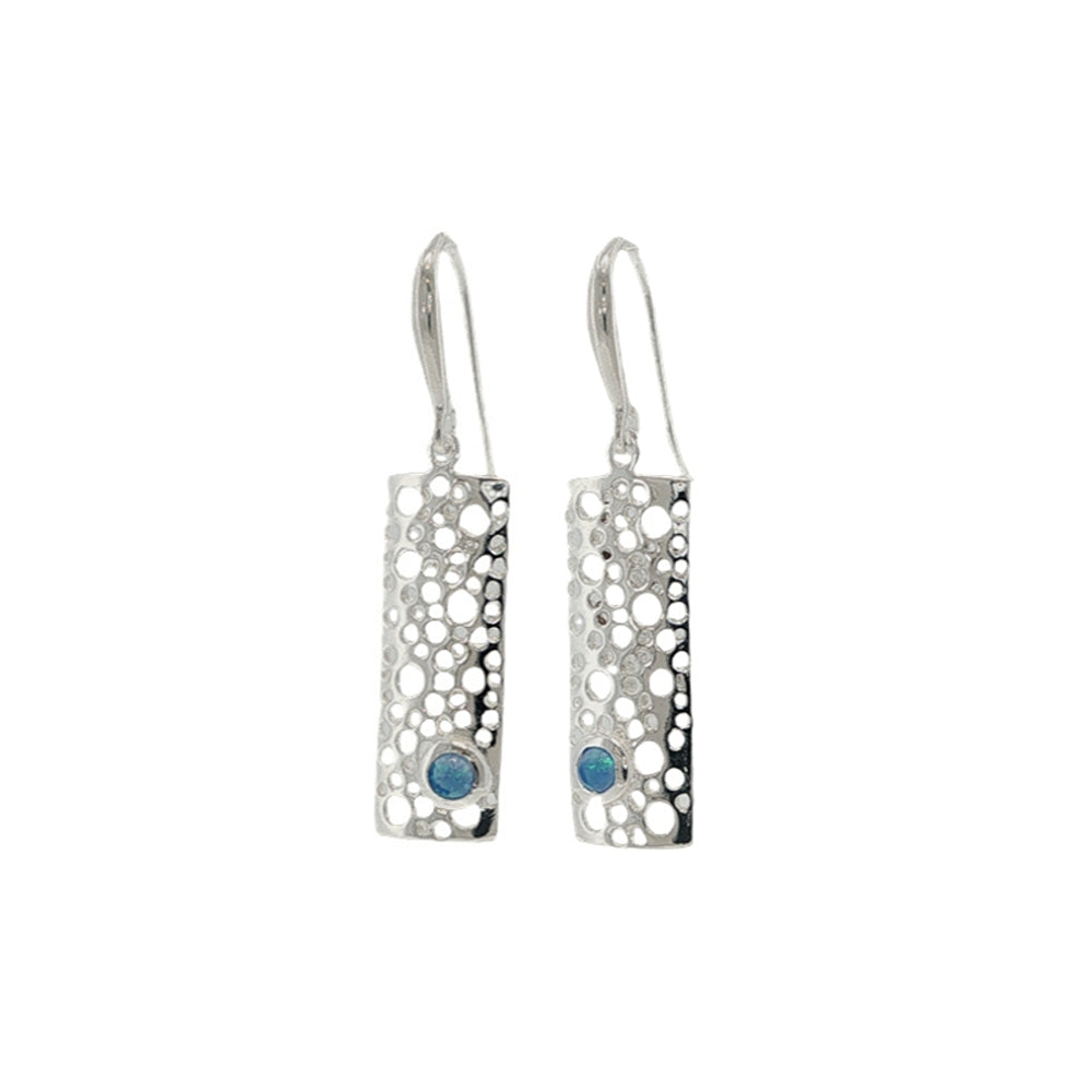 Rectangular fillgree hook earrings with synthetic blue opal in sterling silver