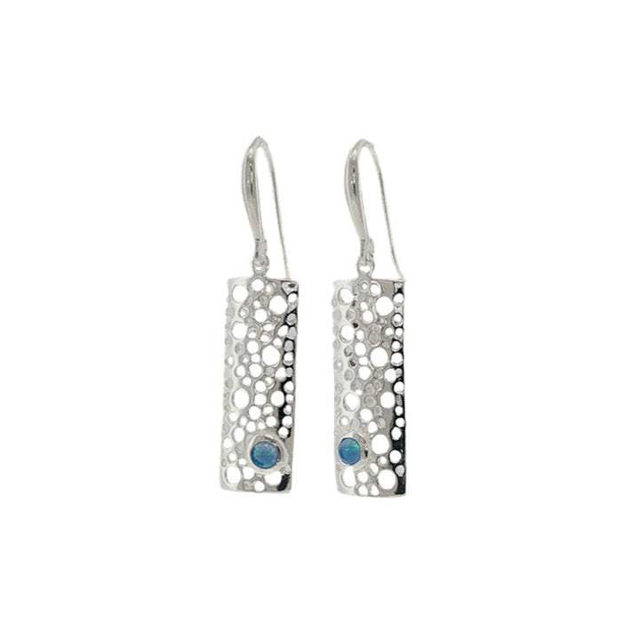 Rectangular fillgree hook earrings with synthetic blue opal in sterling silver