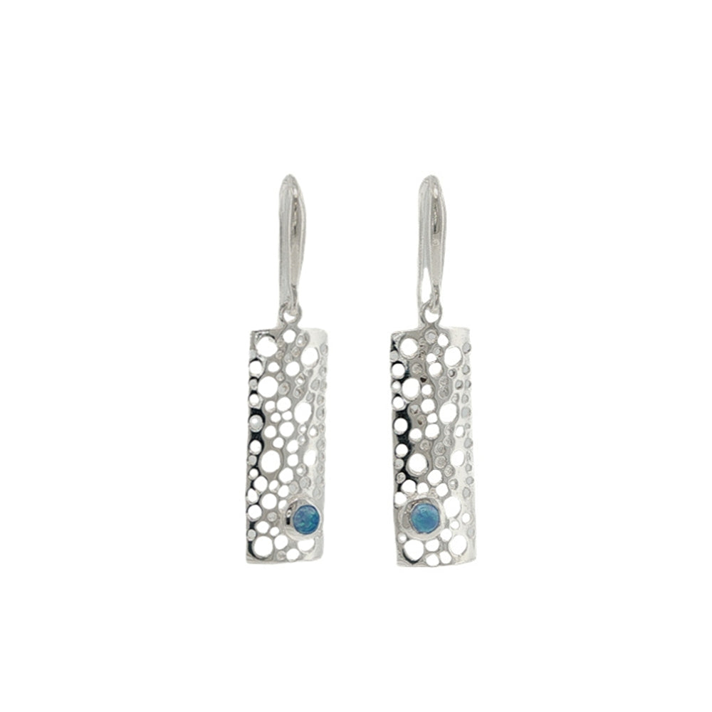 Rectangular fillgree hook earrings with synthetic blue opal in sterling silver
