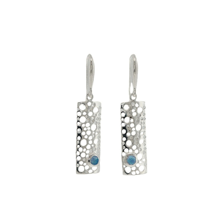 Rectangular fillgree hook earrings with synthetic blue opal in sterling silver