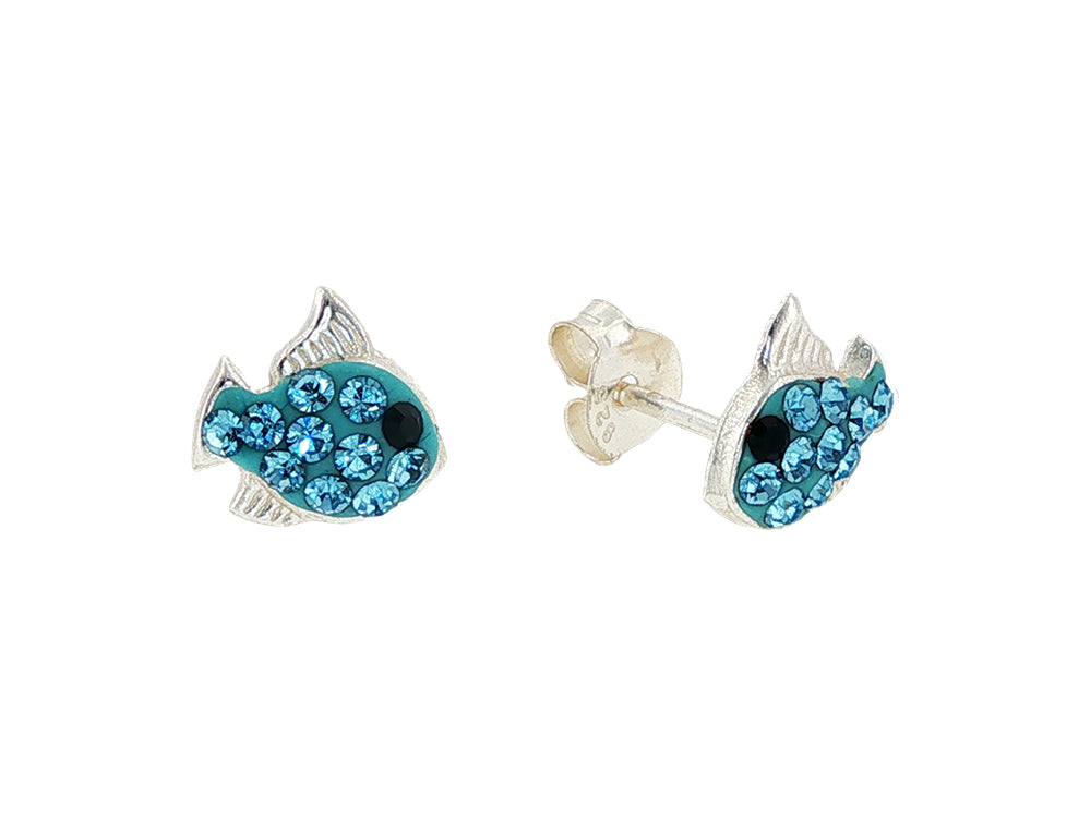 Fish stud earrings with aqua crystals in sterling silver