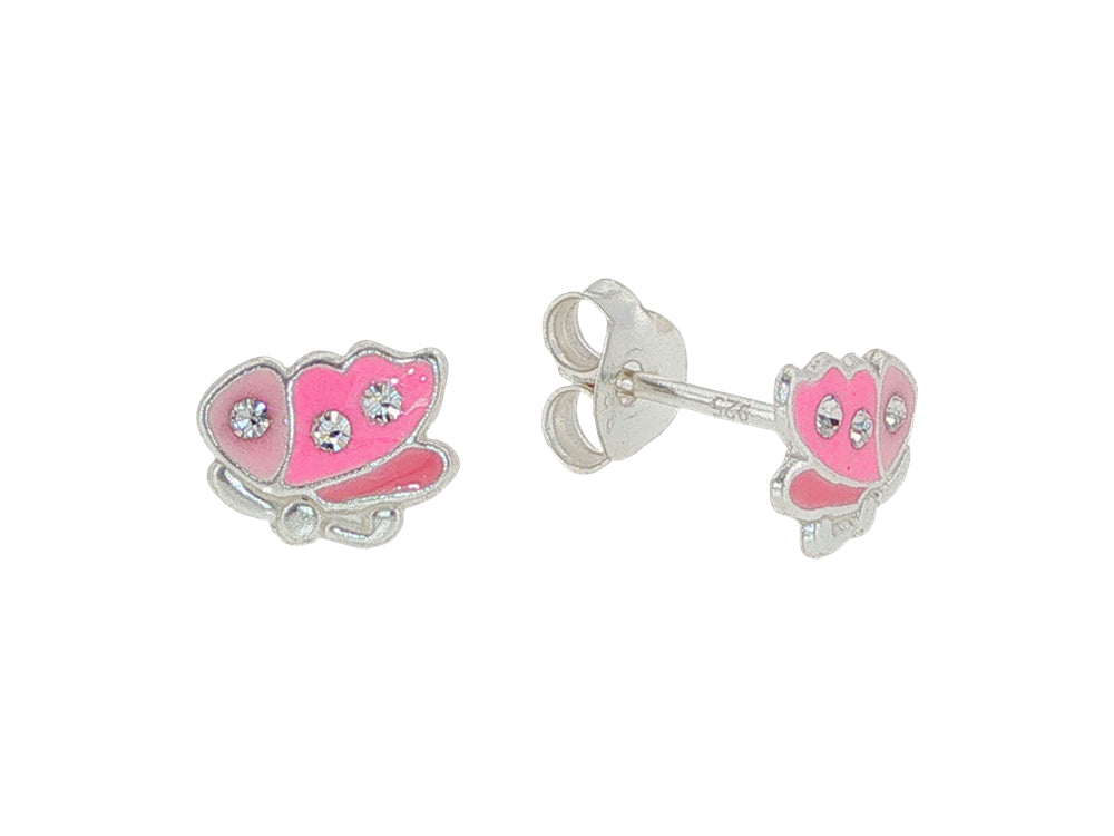 Pink butterfly stud earrings with crystals in sterling silver and pink enamel