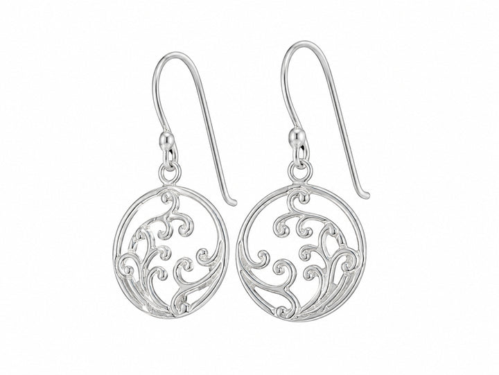 Koru pattern circle hook earrings in sterling silver
