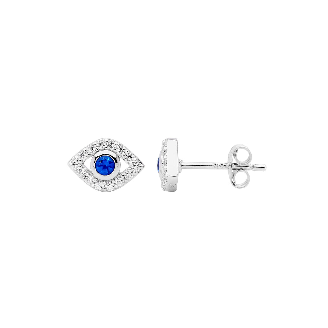Ellani blue cz evil eye earrings in sterling silver