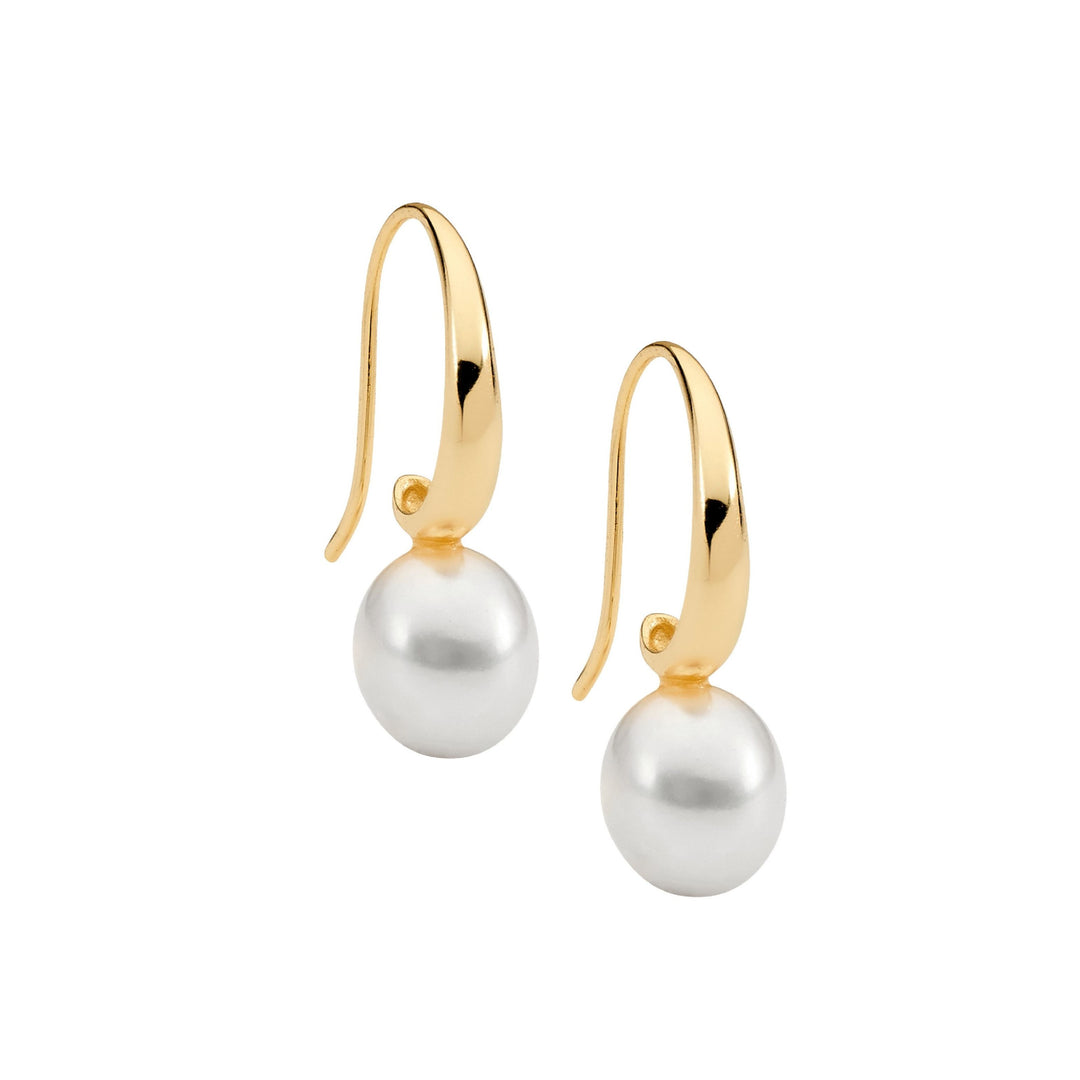 Ellani freshwater pearl on shepherd hook earrings in gold plated sterling silver