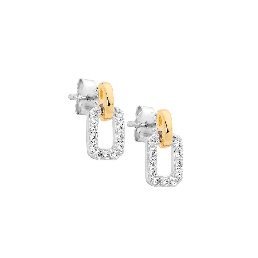 Ellani open rectangle CZ earrings in sterling silver with gold plated top bar