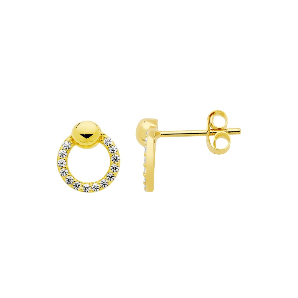 Ellani open circle stud earrings with czs and ball feature in gold plated sterling silver