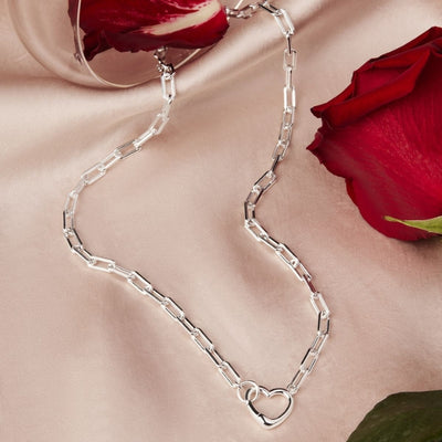 Najo - Cuore rectangle link necklace with heart clasp in sterling silver - 45cm