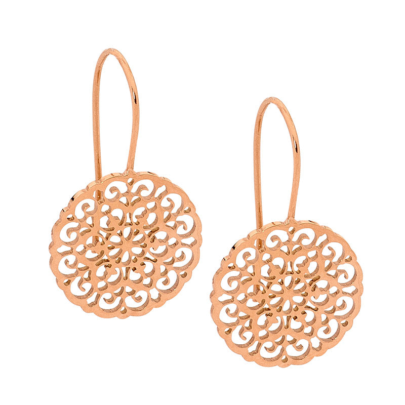 Ellani - Filigree disc earrings in rose gold plated stainless steel