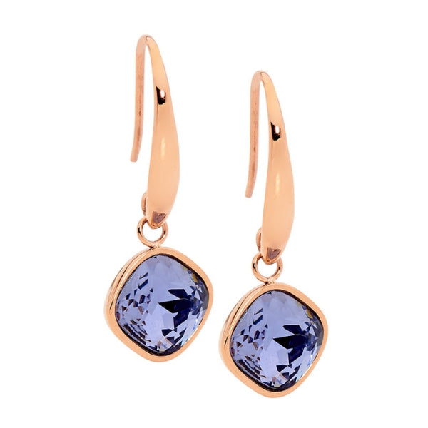 Ellani amethyst glass drop earrings in rose gold plated stainless steel