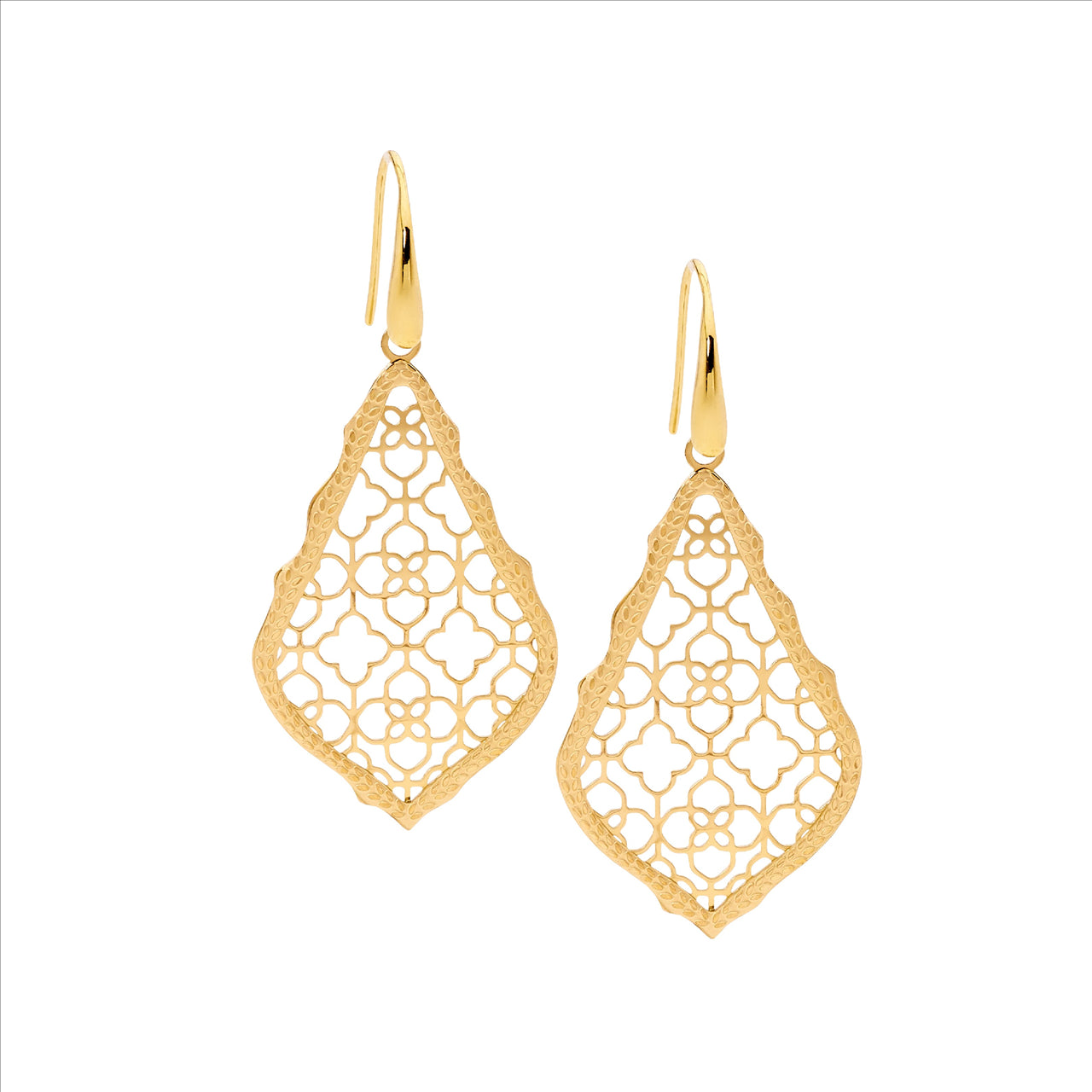 Ellani open filegree drop earrings in yellow gold plated stainless steel