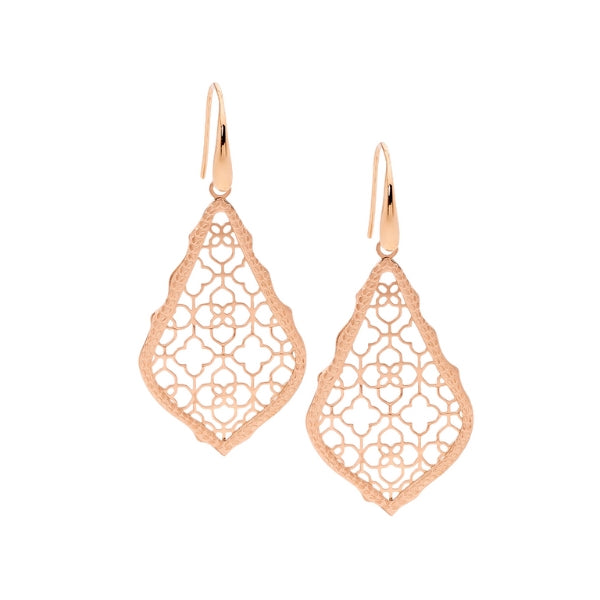 Ellani open filigree drop earrings in rose gold plated stainless steel