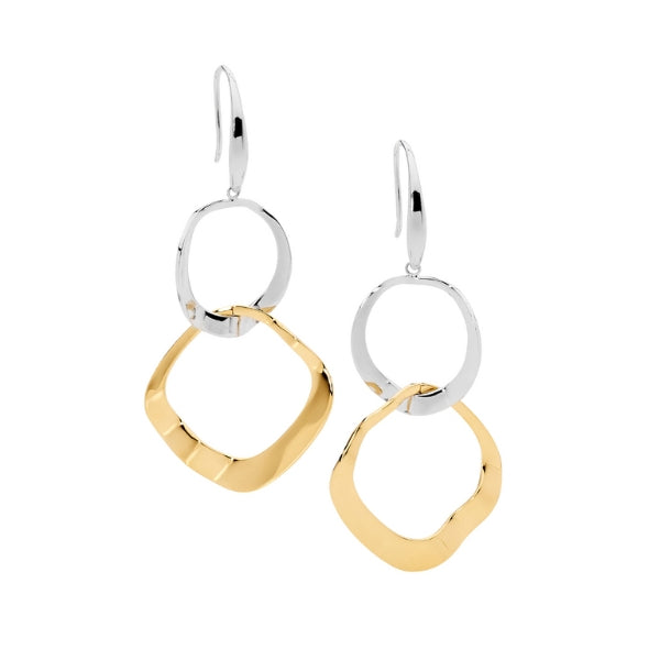 Ellani double circle hook earrings in yellow gold plate and stainless steel