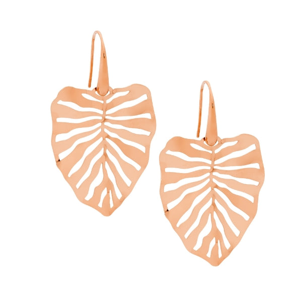 Ellani monstera leaf hook earrings in rose gold plated stainless steel